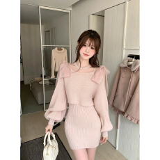 批发已到货 新宿muse裙<b class='q'>甜美</b>温柔风针织罩衫女秋冬连衣裙蝴蝶结修身