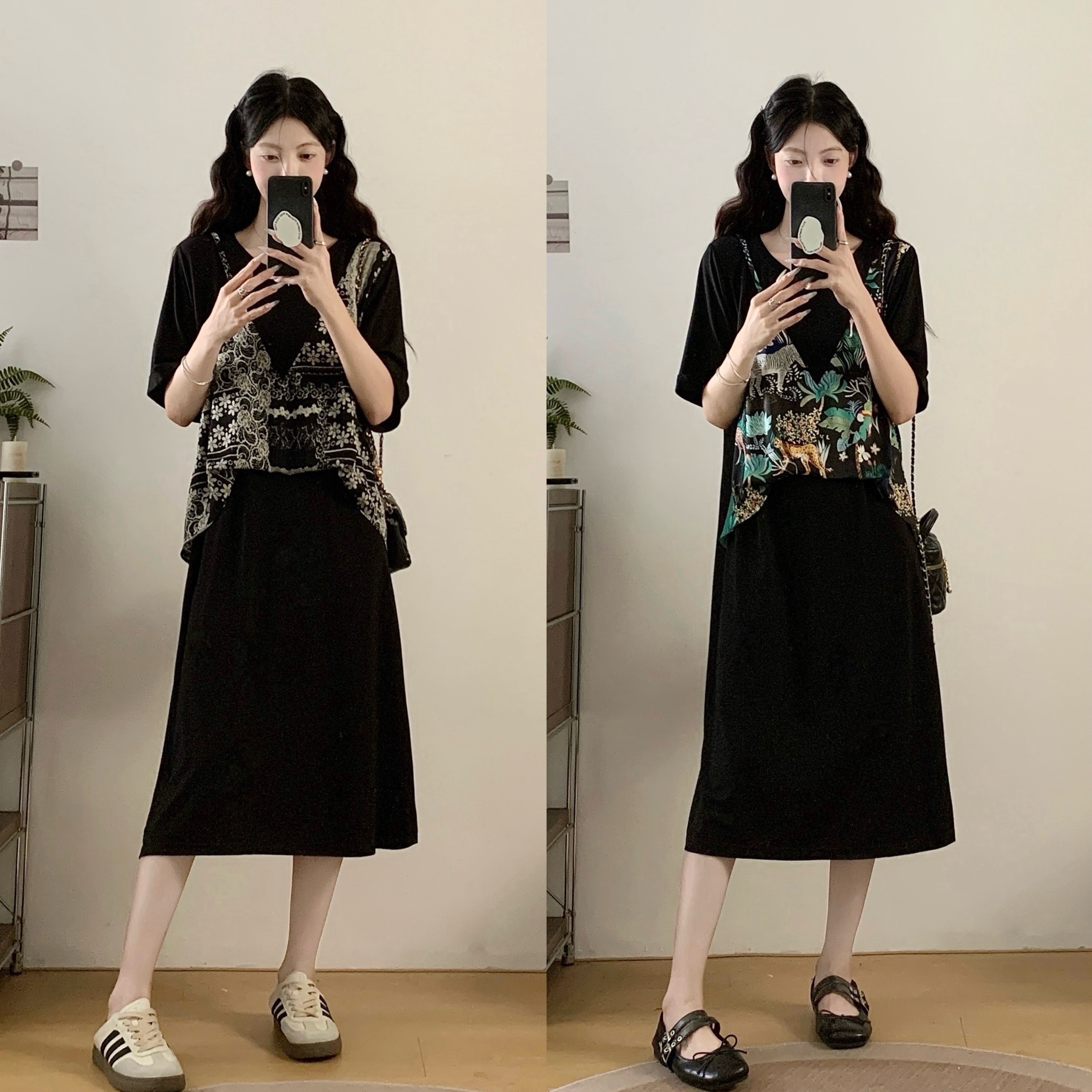 MY11381# 大码女装夏季新款时尚胖mm宽松显瘦复古印花假两件连衣裙女...