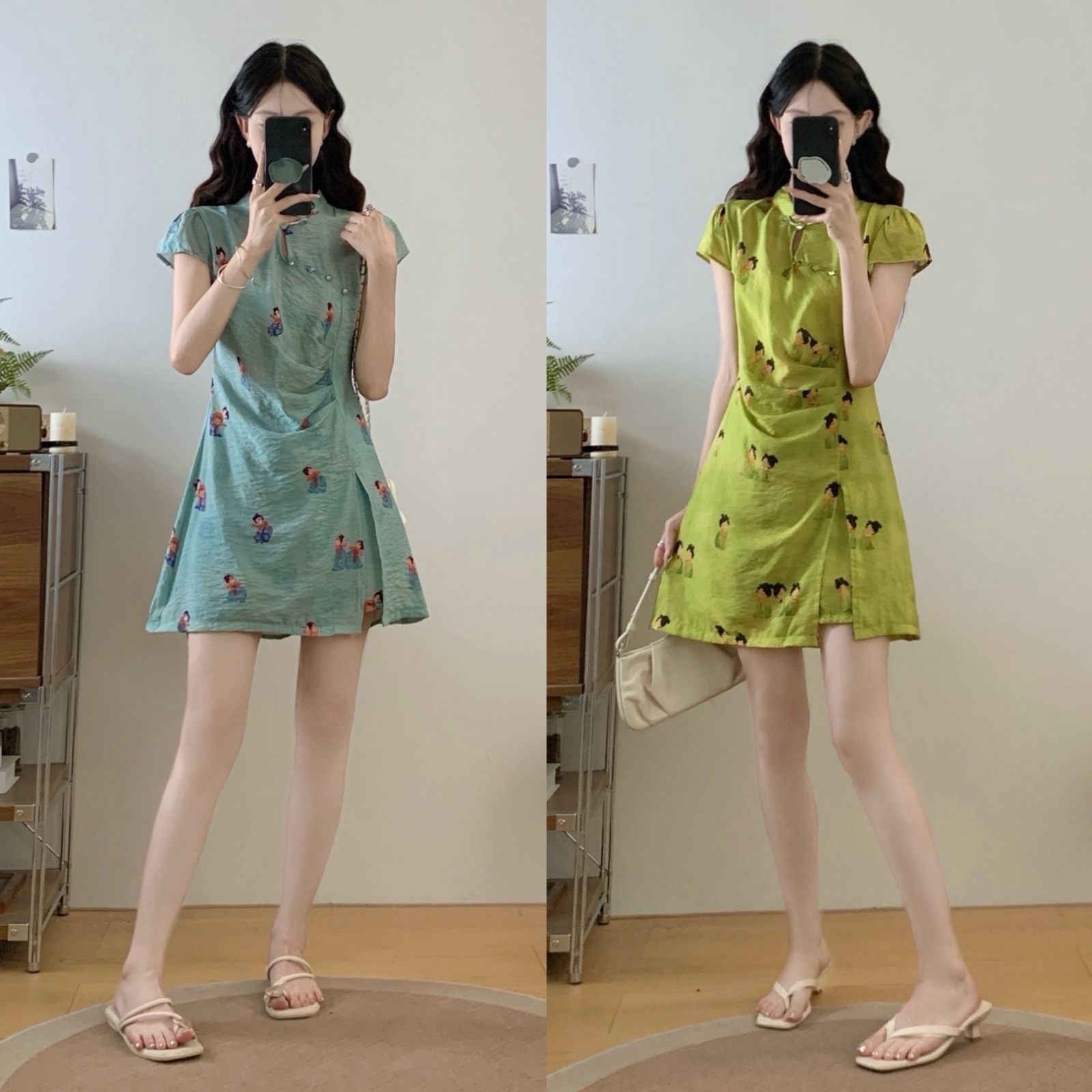 MY11379# 大码女装夏季新中式国风开叉收腰盘扣旗袍上衣+短裤套装女裝...
