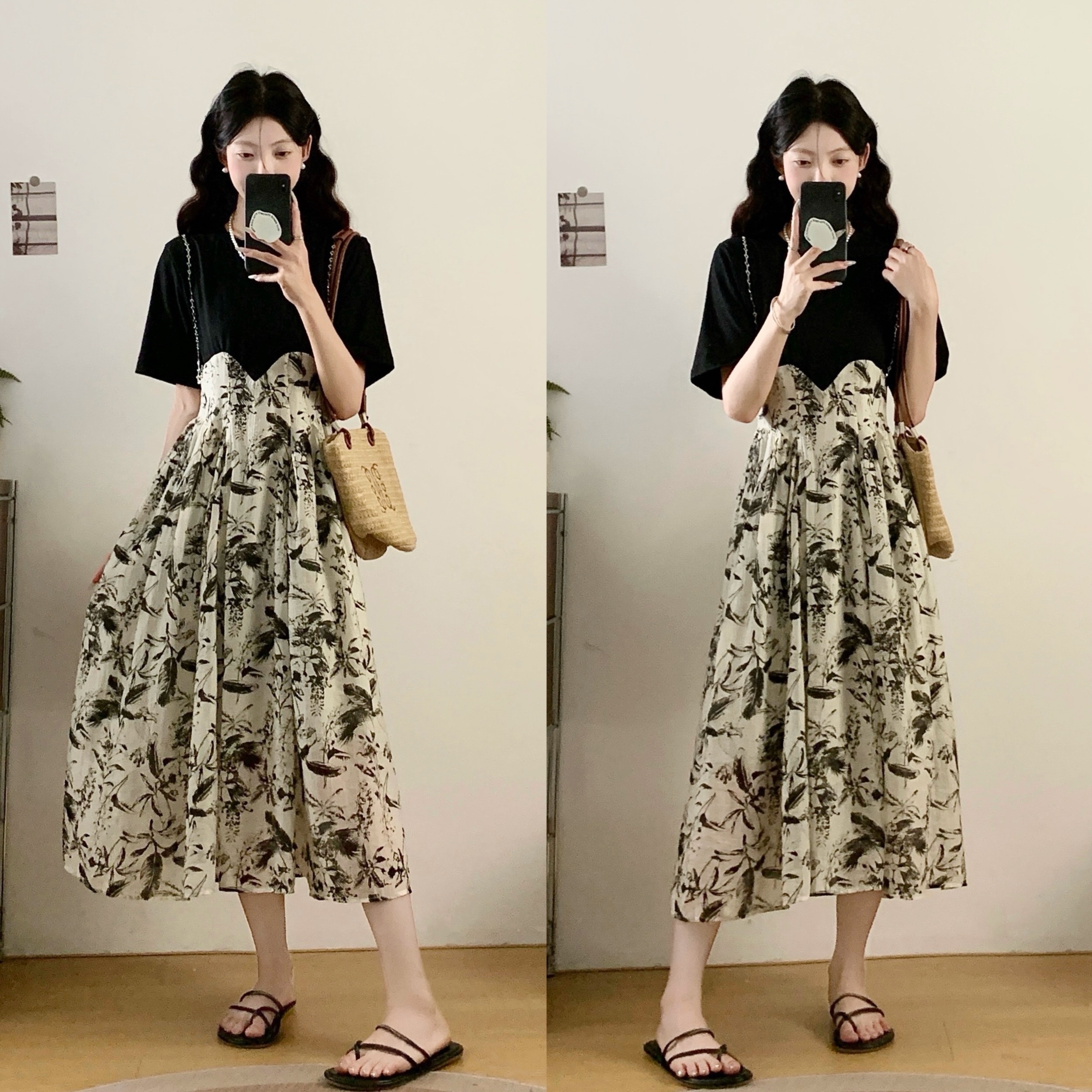 MY11376# 大码女装夏季新款法式碎花时尚气质遮肚显瘦假两件连衣裙女裝...