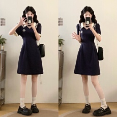 批发实拍大码女装2026夏季新款时尚高级感学院风翻领显瘦减龄连衣<b class='q'>裙</b>