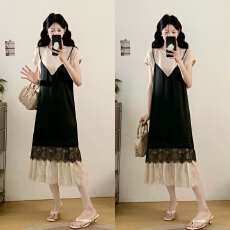 批发实拍<b class='q'>大码</b><b class='q'>女装</b>2025夏季新款时尚蕾丝拼接假两件宽松显瘦遮肚连衣裙