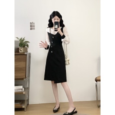 批发大码女装实拍2026春季新款胖MM拼色时尚链条修身显瘦假两件连衣裙