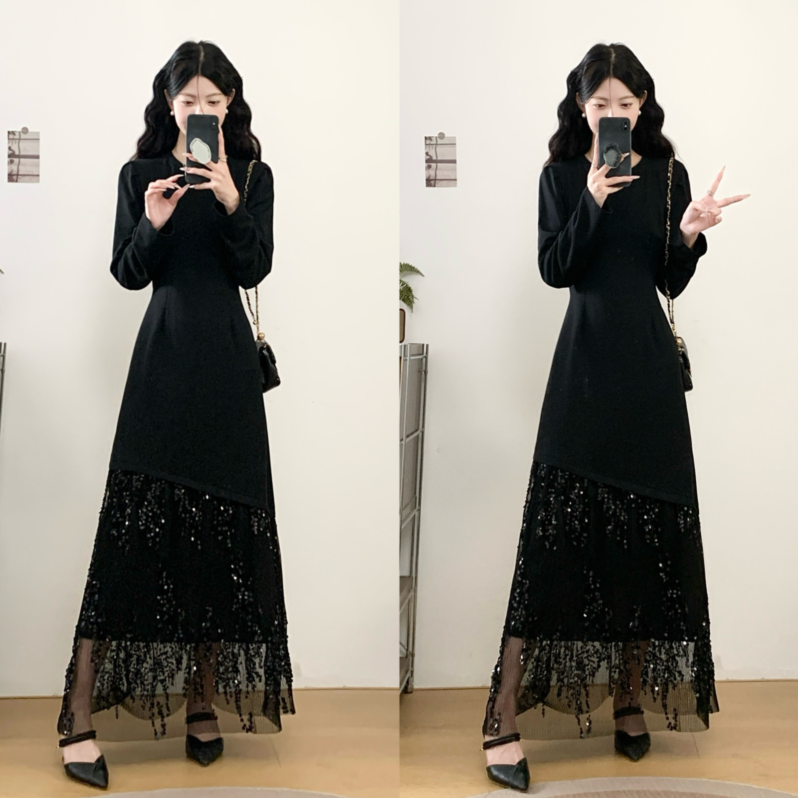 빅 사이즈 여성 의류 실사 2026 봄 새로운 품격 허리 수축 슬림해 보이는 불규칙 패치워크 스팽글 망사 드레스