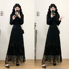 批发大码女装实拍2026春季新款气质收腰显瘦不规则拼接亮片网纱连衣裙