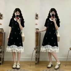 批发实拍大码女装2026新款韩系温柔风气质钉珠荷叶边宽松显瘦连衣裙