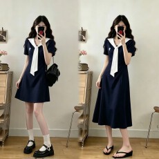 批发实拍大码女装2026夏季新款韩系减龄学院风海军领收腰显瘦连衣裙