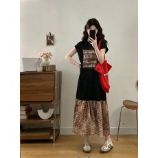 批发实拍大码女装2026夏季复古韩系<b class='q'>假两件</b>拼接豹纹宽松遮肉显瘦<b class='q'>连衣裙</b>