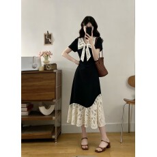 批发实拍大码女装2026夏季新款法式复古蕾丝拼接鱼尾摆显瘦气质连衣裙