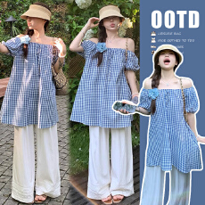 批发现<b class='q'>孕妇</b><b class='q'>新款</b>2025夏季潮妈格子搭配宽松套装宽松显瘦裤子格子上衣