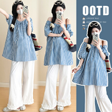 批发现实拍<b class='q'>孕妇</b><b class='q'>新款</b>2025夏季潮妈格子宽松显瘦套装裤子＋花边九分裤