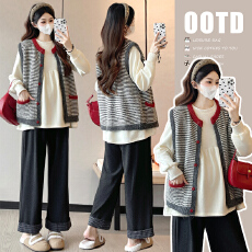 批发现 孕妇2025秋冬复古韩版<b class='q'>卫衣</b>衫毛衣开衫马甲背心＋休闲翻边裤子