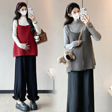 批发实拍现孕妇冬季套装2025针织毛衣马甲＋抽绳花边裤＋打底毛衣