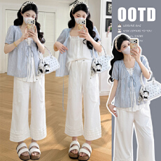 实拍现2026新款假两件孕妇套装 设计感气质上衣+蕾丝花边裤子