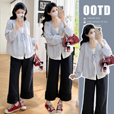 实拍现2025新款假二件孕妇套装设计感上衣＋花边裤子