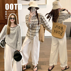 孕妇新款2026韩系黑色条纹长袖体恤宽松防晒罩衫轻薄上衣＋九分裤