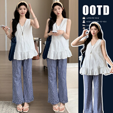 实拍现2026款夏季潮妈孕妇套装休闲提花孕妇上衣+格子花边孕妇裤