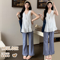 实拍现2026款夏季潮妈孕妇套装休闲提花孕妇上衣+格子花边孕妇裤