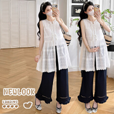 批发孕妇装2026款大码法式刺绣三件套罩衫背心裙+镂空花边九分裤