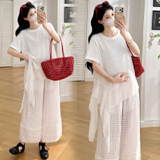 批发实拍现2026春夏孕妇套装新款拼接上衣+裤子套装时尚宽松慵懒风