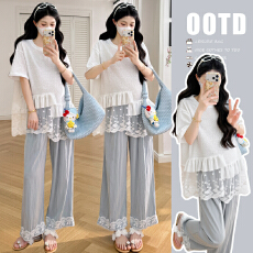 批发实拍2026春夏孕妇套装新款拼接蕾丝上衣+裤子套装时尚宽松慵懒风