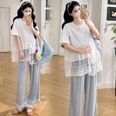 批发实拍现2026春夏孕妇套装新款拼接蕾丝上衣+裤子套装时尚宽松慵懒