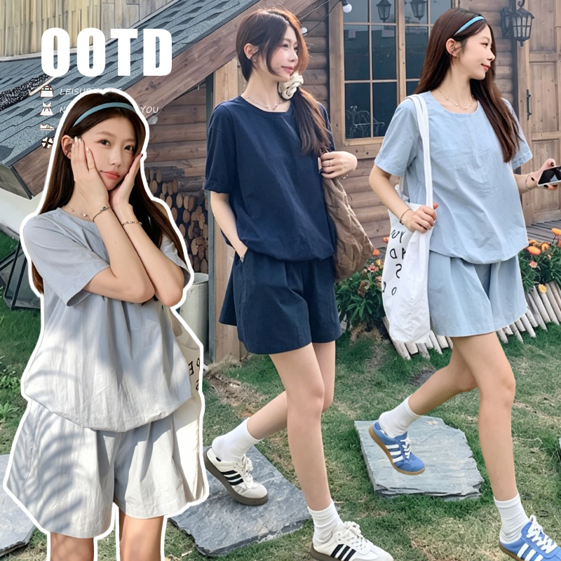 2026 새로운 임산부 세트 여름 루즈핏 슬림해 보이는 캐주얼 단색 세트 꽃밭 반팔 양면 펌프 바지