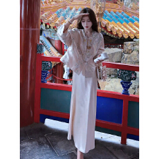 批发早<b class='q'>秋</b>新中式国风穿搭两件套清冷贵气感粉色旗袍连衣裙套装