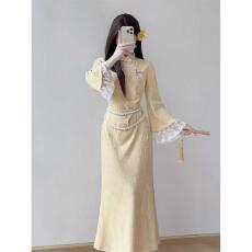 批发新中式旗袍2026新款气质修身改良年轻款国风鱼尾连衣裙黄色早<b class='q'>秋</b>女