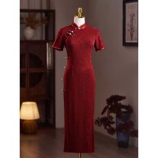 批发复古<b class='q'>红色</b>旗袍敬酒服新娘2025新款结婚订婚<b class='q'>礼服</b>裙女新中式压皱竹纹