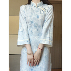 批发抹茶麻薯2025年<b class='q'>秋</b>季新款蓝色改良新中式倒大袖旗袍女淑女年轻日常
