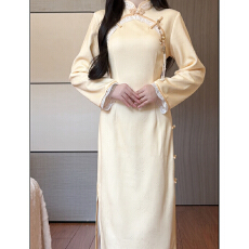 批发抹茶麻薯2026秋<b class='q'>冬</b>新款黄色针织提花新中式旗袍女改良年轻款女日常