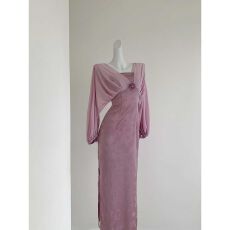 批发【幸绘】提花高级拼接<b class='q'>夏</b>季紫色新款气质复古连衣裙国风中式长裙子