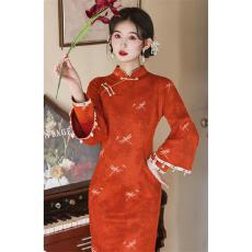 批发香榭画廊改良红色年轻款旗袍2026<b class='q'>秋</b>季新款日常收腰显瘦新中式