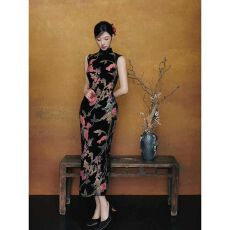 批发新中式国风黑色印花旗袍连衣裙女2026<b class='q'>秋</b>季新款性感修身包臀连衣裙