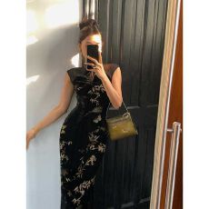 批发新中式黑色改良旗袍国风2025<b class='q'>夏</b>装新款连衣裙高级气质古显瘦包臀裙