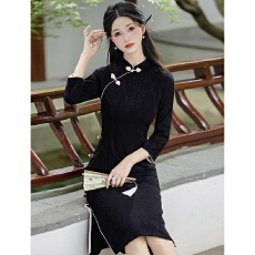 批发黑色国风中式中长款<b class='q'>秋</b>季长袖旗袍改良2025新款年轻款女复古修身<b class='q'>秋</b>