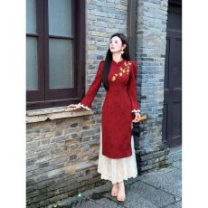 批发2026年新中式锦安新中式重工提花刺绣拼接假两件旗袍连衣裙子