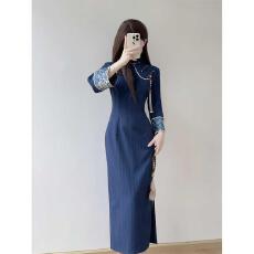 批发新中式旗袍2026新款气质高端改良蓝色修身复古连衣裙国风早秋日常