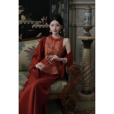 批发鎏光半<b class='q'>夏</b>新中式国风改良红色鎏金提花收腰上衣缎面半身裙<b class='q'>夏</b>季