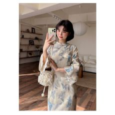 批发2026年复古日常百搭蝴蝶引秋季新款复古新中式蝴蝶印花改良旗袍