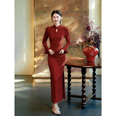 批发新中式花边领改良旗袍女2025秋季新款国风复古长袖针织掐腰连衣裙