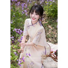 批发奥黛旗袍2025新款<b class='q'>夏</b>季淑女风甜美改良年轻款女新中式国风连衣裙