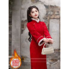 批发红色<b class='q'>旗袍</b>冬季加厚改良女新中式敬酒服<b class='q'>新娘</b>订婚新年过年拜年服女装