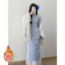 批发2025新款<b class='q'>春</b>秋蓝色日常女连衣裙新中式国风改良今年流行气质连衣裙