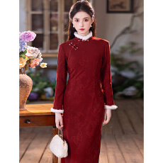 批发红色加绒加厚冬装国风新中式长袖旗袍2025新款年轻款女<b class='q'>复古</b>秋冬季