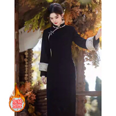 批发巨好看<b class='q'>复古</b>百搭黑色旗袍2025年冬季新中式改良大气高级感加绒加厚