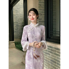 批发紫色冬季新中式长袖旗袍女<b class='q'>高端</b>大气上档次显瘦<b class='q'>连衣裙</b>2025新款百搭