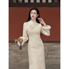 批发雪莲花' 新中式套装裙秋冬加绒加厚<b class='q'>复古</b>改良旗袍长袖连衣裙