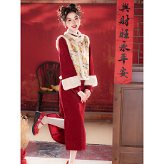 批发红色旗袍敬酒服2025新款冬加绒加厚订婚套装拜年服新年战袍新中式